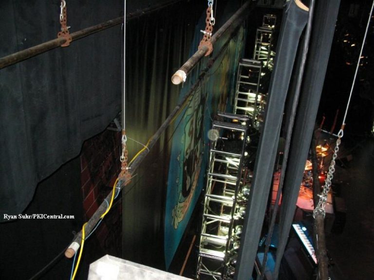 Scott, Paramount Theatre's stage manager, shows us how the fly system works by lowering one of the School of Rock backdrops.