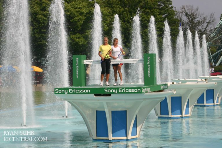 Kim Clijsters and Elena Dementieva play a tennis "match" inside the royal fountain to promote the upcoming Sony Ericsson WTA Tour.  2009